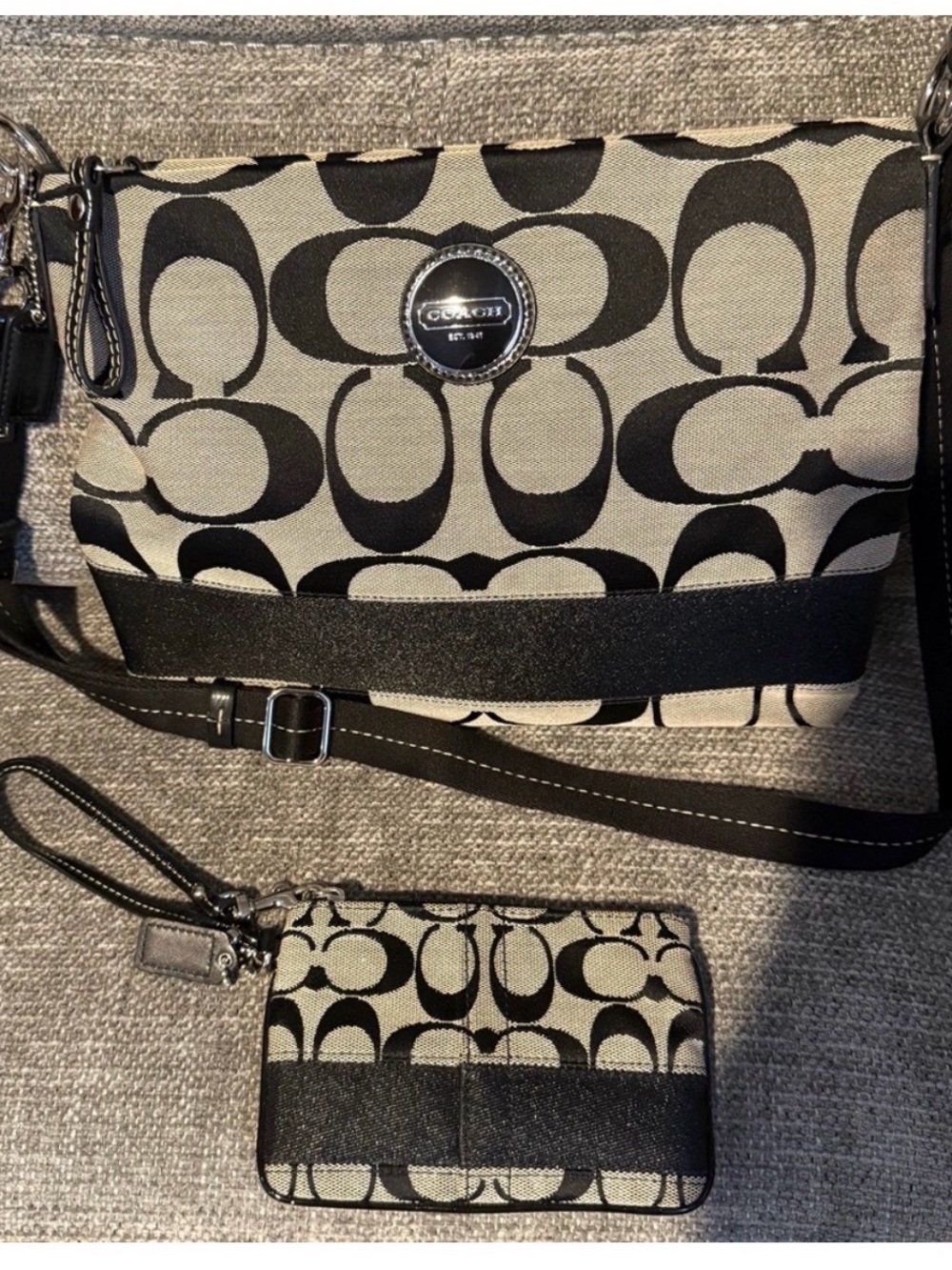 Coach Black and Grey Signature Canvas Crossbody with matching wristlet